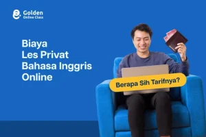 Karyawan swasta sedang mengikuti sesi les privat bahasa Inggris online bersama tutor melalui laptop.